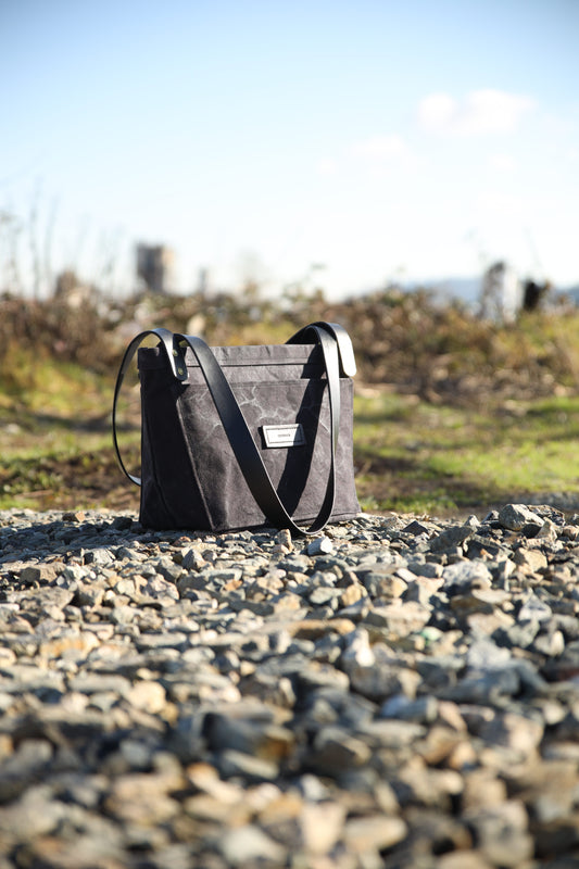 The Dory Tote In Obsidian Leather and Waxed Canvas - Made To Order - Lead Time Applies