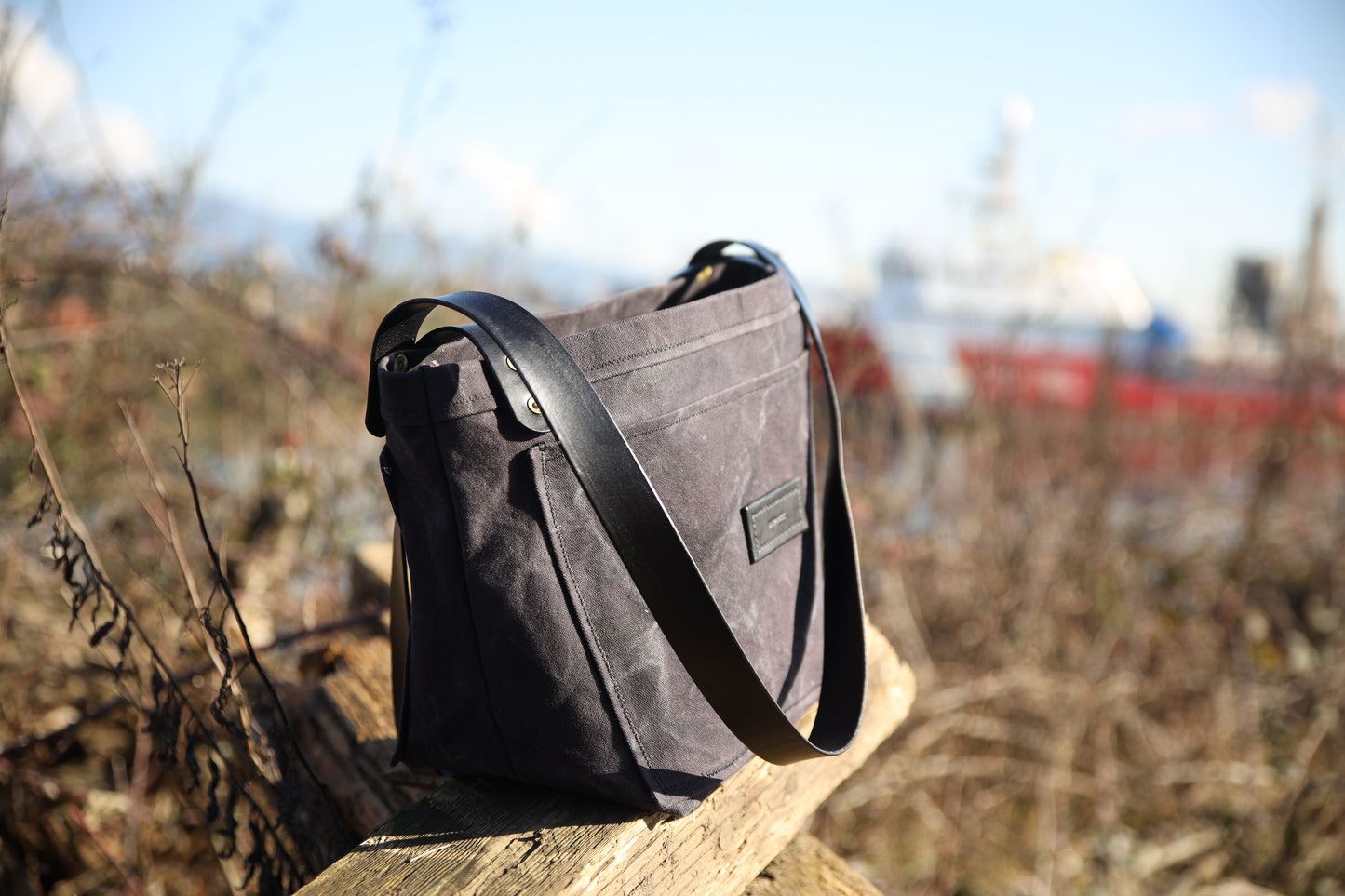 The Dory Tote In Obsidian Leather and Waxed Canvas - Made To Order - Lead Time Applies