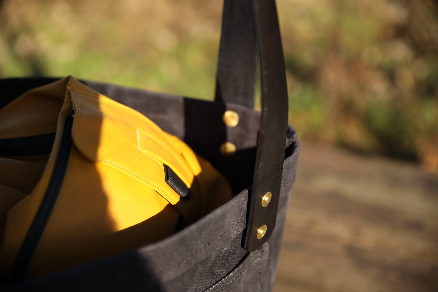 The Dory Tote In Obsidian Leather and Waxed Canvas - Made To Order - Lead Time Applies