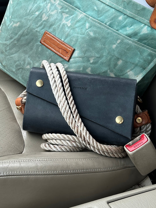Black Leather Crossbody Bag in Obsidian Waxed Canvas - Unnamed