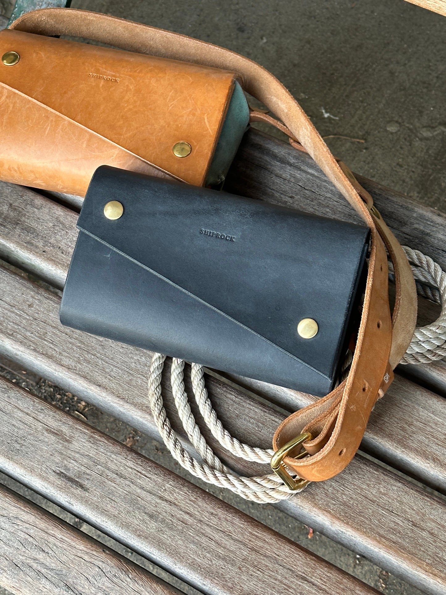 Black Leather Crossbody Bag in Obsidian Waxed Canvas - Unnamed