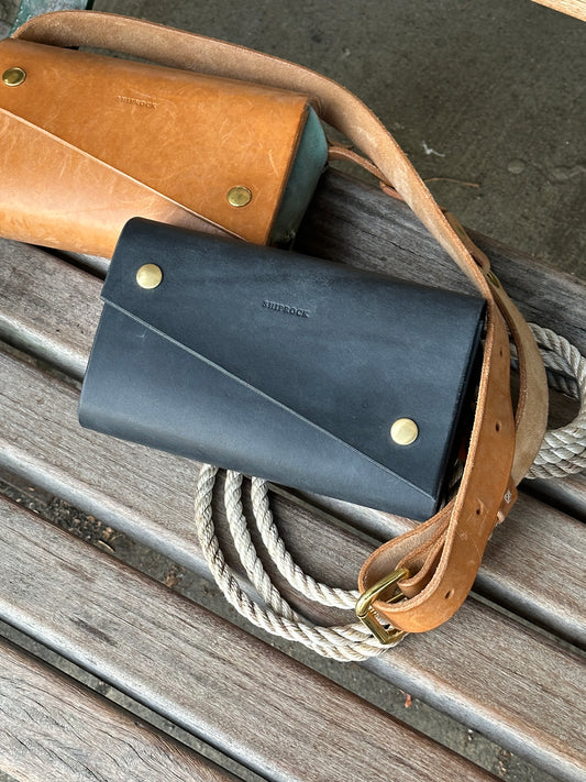 Black Leather Crossbody Bag in Obsidian Waxed Canvas - Unnamed